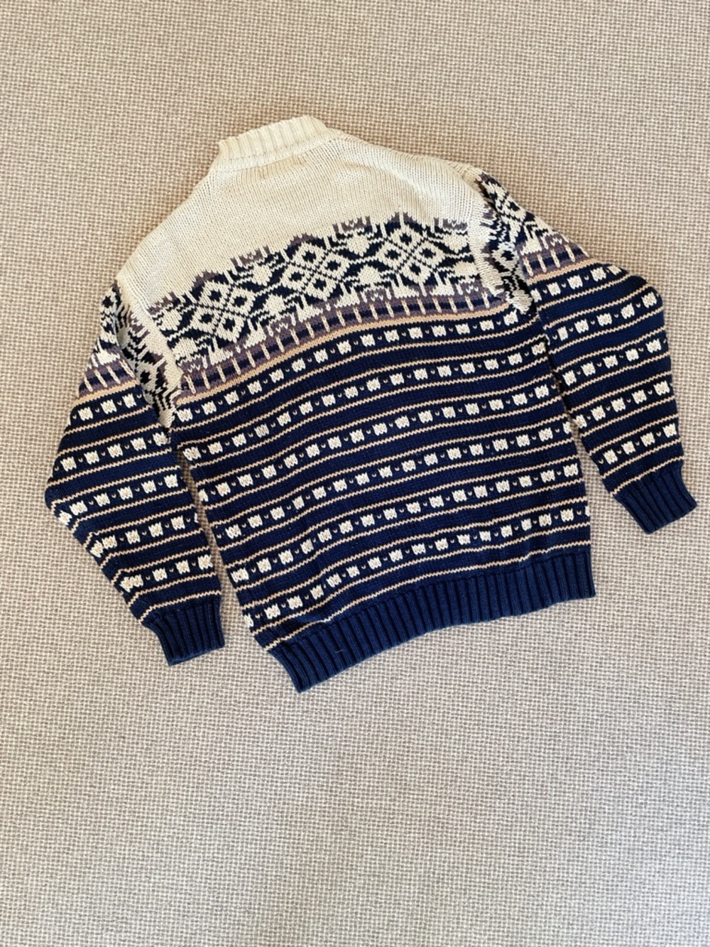 Vintage Eddie Bauer Men’s Fair Isle Nordic Cotton Sweater Navy Cream Size Medium - Picture 7 of 9